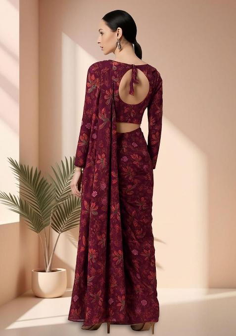 Wine Chiffon Floral Printed Pre Draped Saree Set