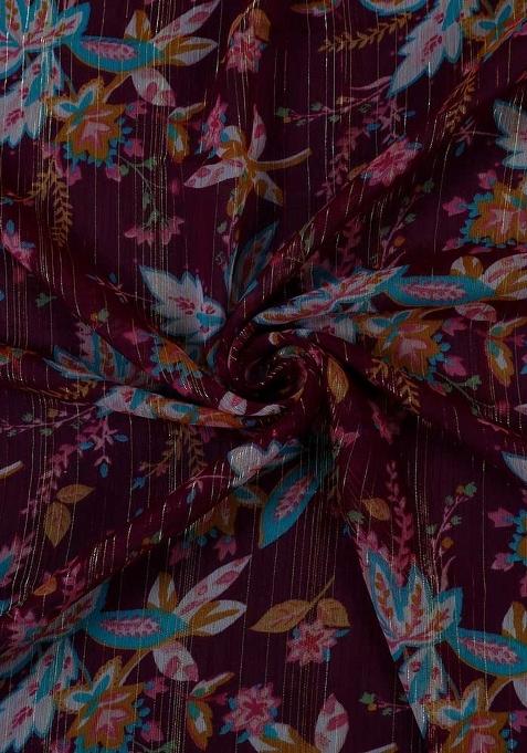 Wine Chiffon Floral Printed Pre Draped Saree Set