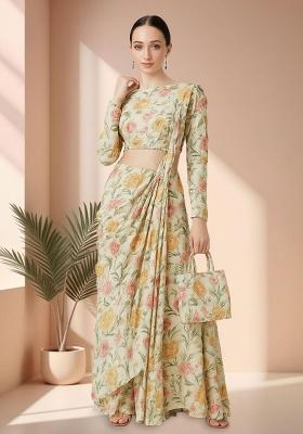 White Chiffon Floral Printed Pre Draped Saree Set