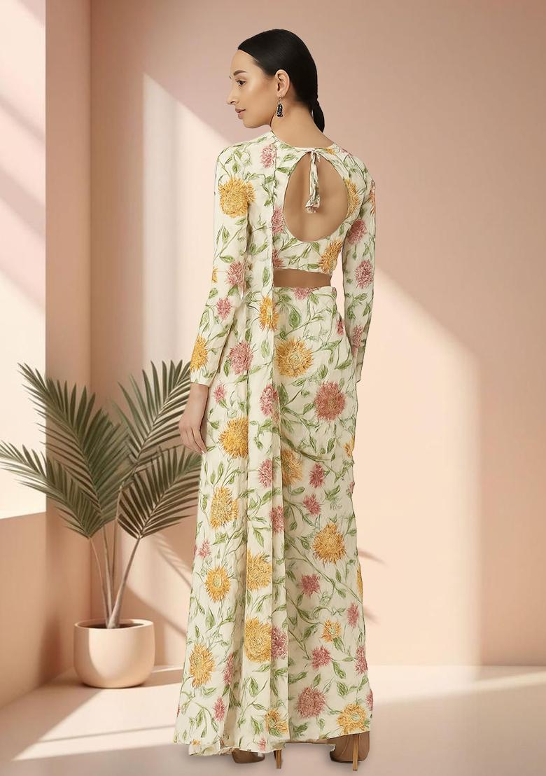 White Chiffon Floral Printed Pre Draped Saree Set