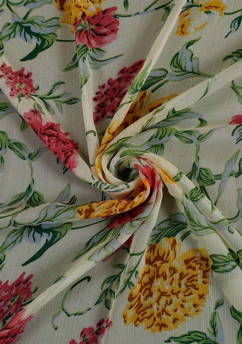 White Chiffon Floral Printed Pre Draped Saree Set - Indya