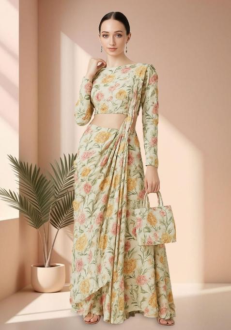 White Chiffon Floral Printed Pre Draped Saree Set