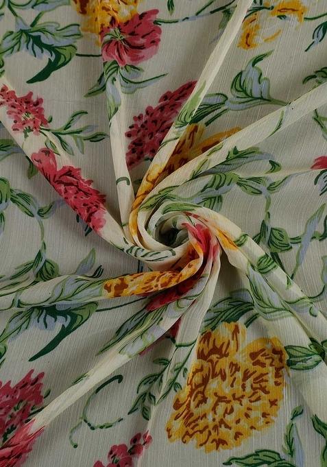 White Chiffon Floral Printed Pre Draped Saree Set