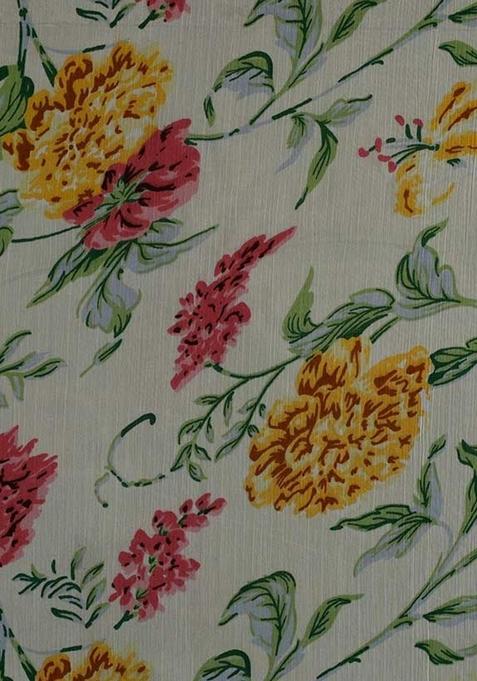 White Chiffon Floral Printed Pre Draped Saree Set