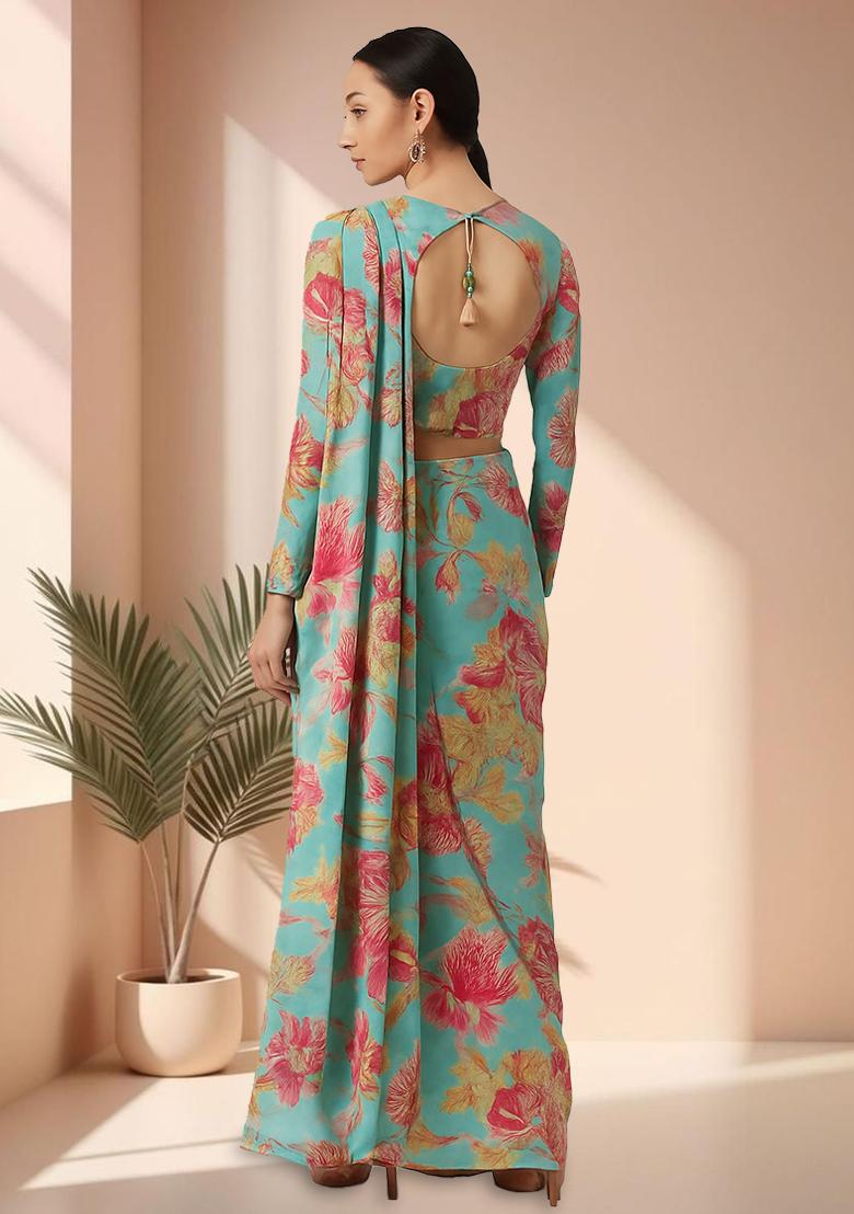 Sky Blue Chiffon Floral Printed Pre Draped Saree Set - Indya