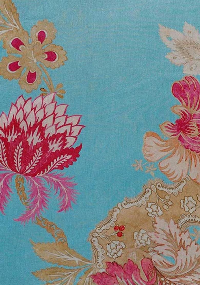 Sky Blue Chiffon Floral Printed Pre Draped Saree Set - Indya