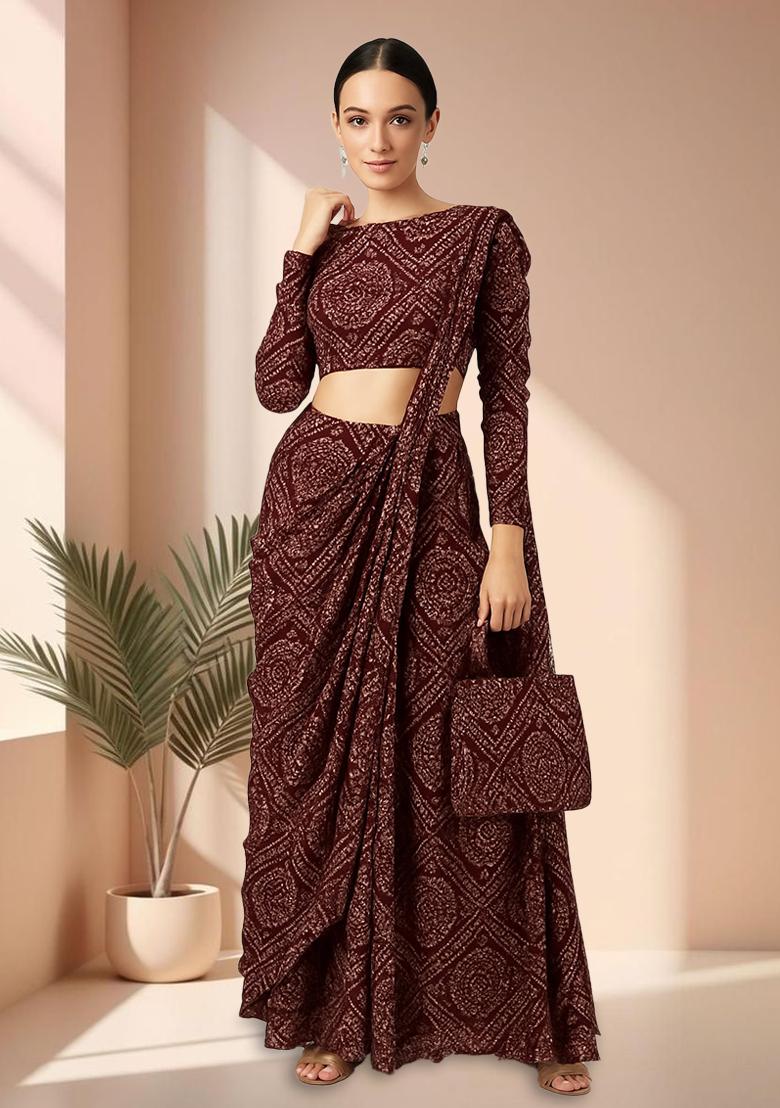 Brown Georgette Bandhani Printed Pre Draped Saree Set