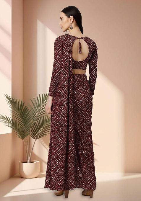 Brown Georgette Bandhani Printed Pre Draped Saree Set
