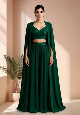 Green Georgette Embroidered Blouse Fusion Set
