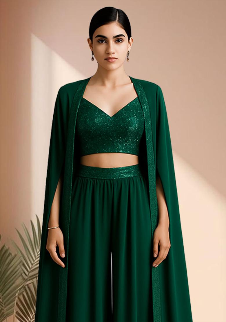 Green Georgette Embroidered Blouse Fusion Set - Indya