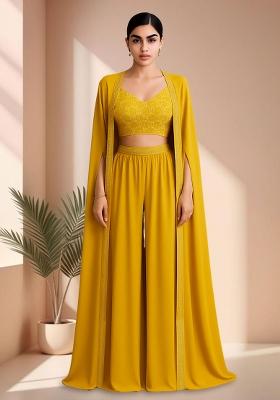 Yellow Georgette Embroidered Blouse Fusion Set