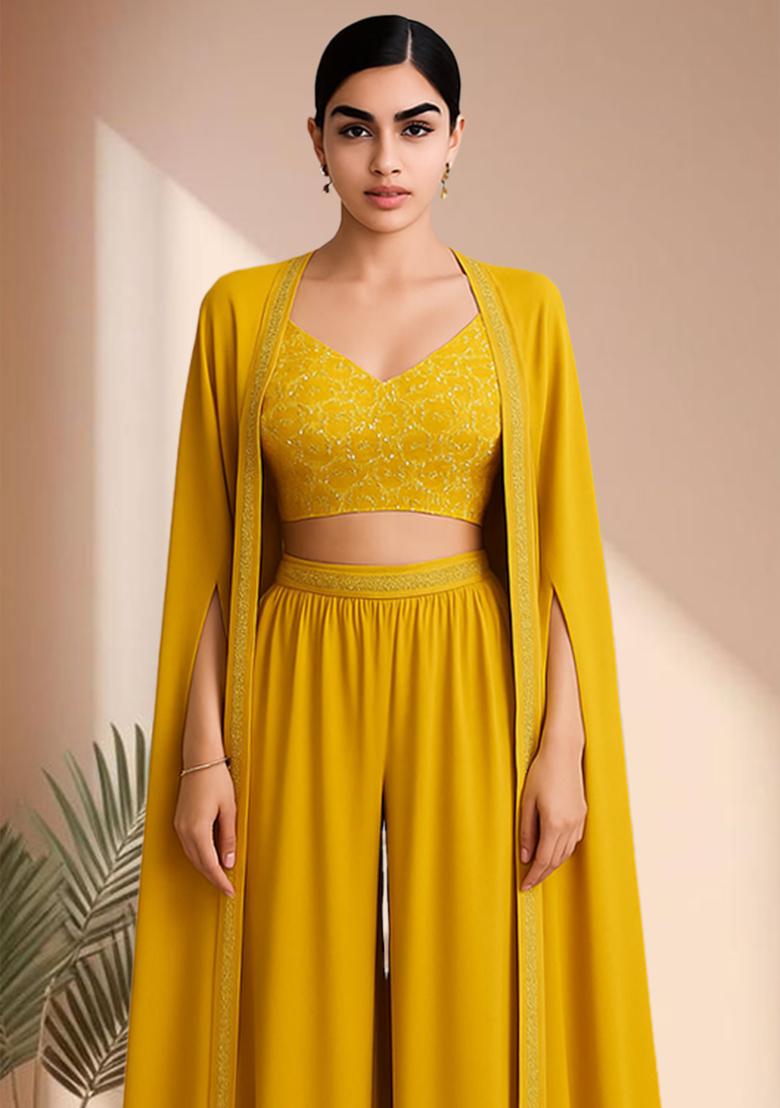 Yellow Georgette Embroidered Blouse Fusion Set - Indya