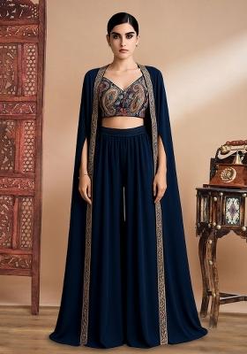 Blue Georgette Embroidered Blouse Fusion Set