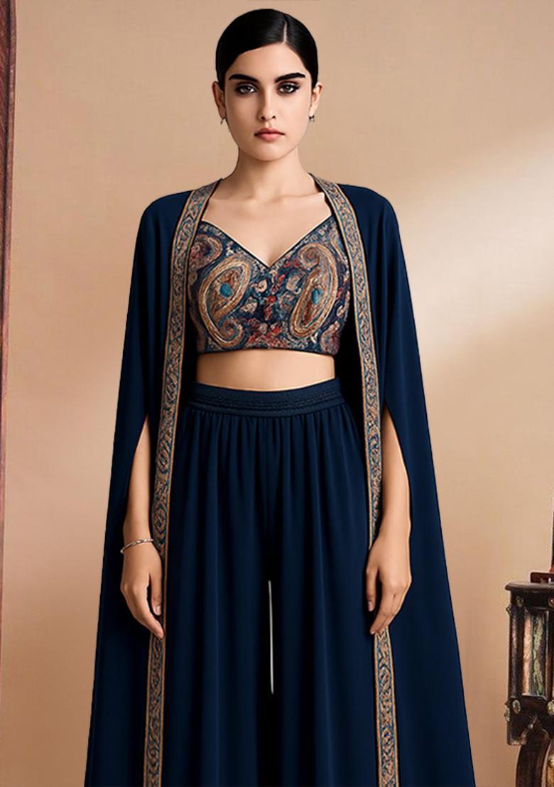 Blue Georgette Embroidered Blouse Fusion Set - Indya
