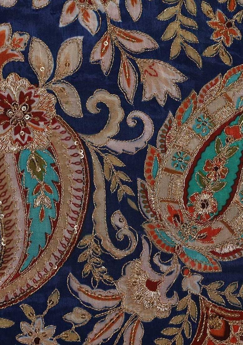 Blue Georgette Embroidered Blouse Fusion Set - Indya