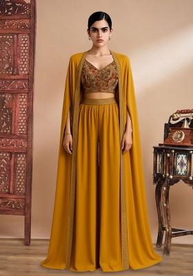 Yellow Georgette Embroidered Blouse Fusion Set