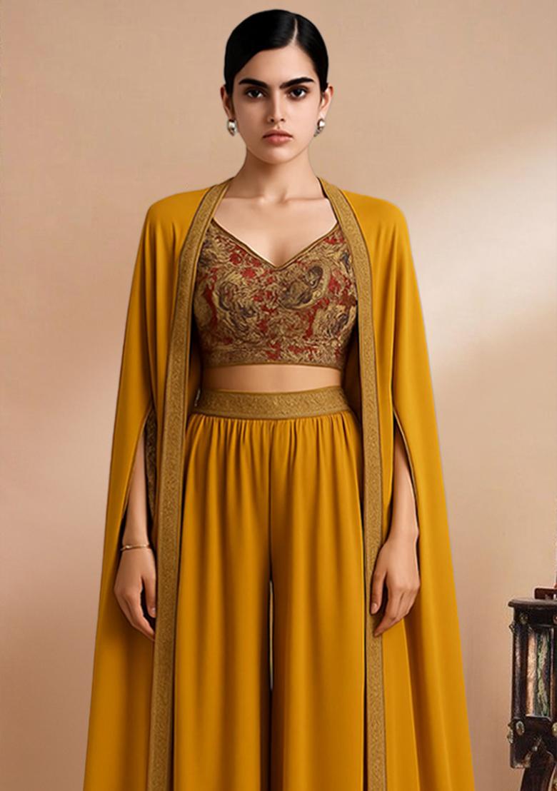 Yellow Georgette Embroidered Blouse Fusion Set - Indya