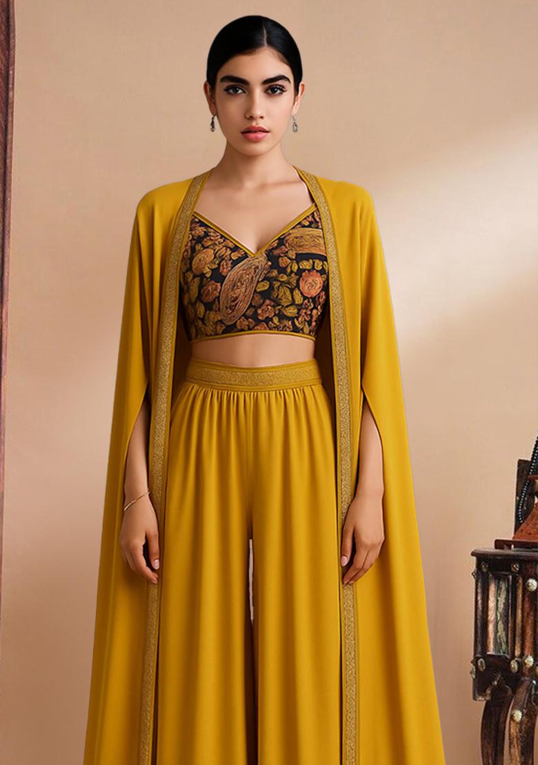 Mustard Yellow Georgette Embroidered Blouse Fusion Set - Indya
