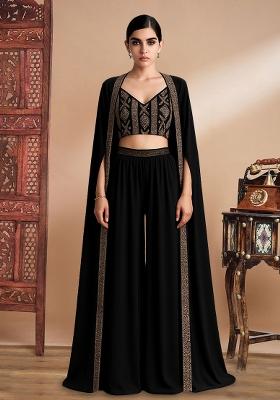 Black Georgette Embroidered Blouse Fusion Set