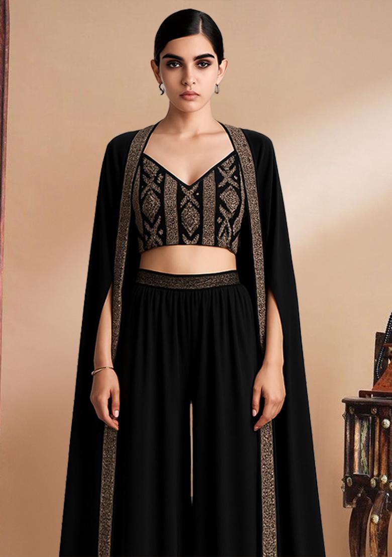 Black Georgette Embroidered Blouse Fusion Set - Indya
