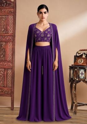 Purple Georgette Embroidered Blouse Fusion Set