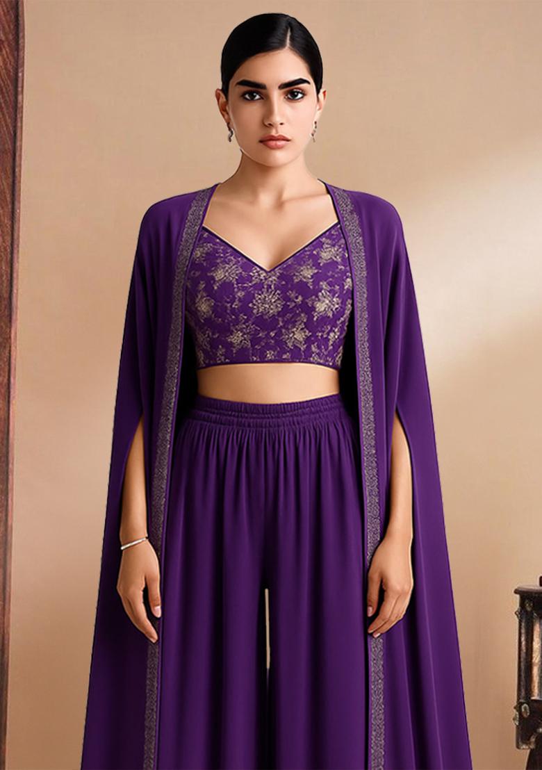Purple Georgette Embroidered Blouse Fusion Set - Indya