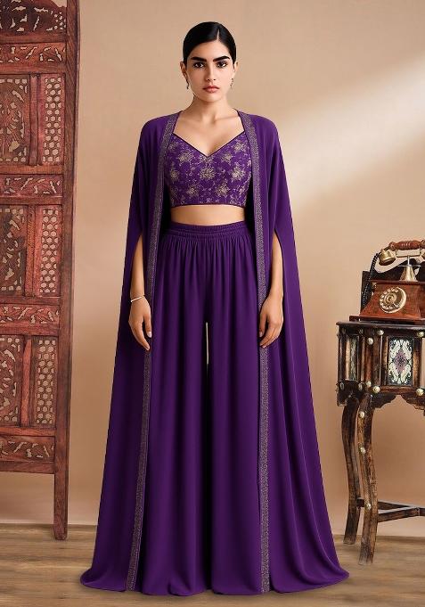 Purple Georgette Embroidered Blouse Fusion Set