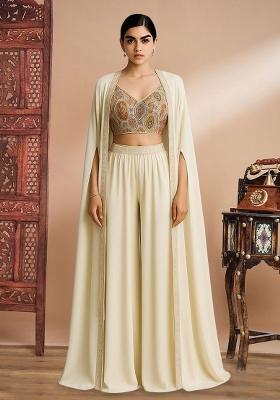 Off White Georgette Embroidered Blouse Fusion Set