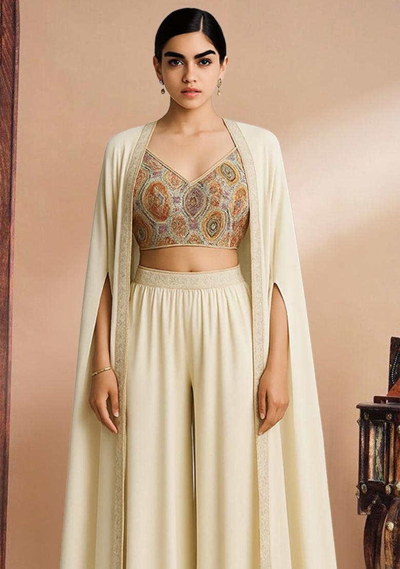 Off White Georgette Embroidered Blouse Fusion Set - Indya