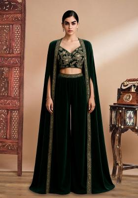 Green Georgette Sequin Embroidered Blouse Fusion Set