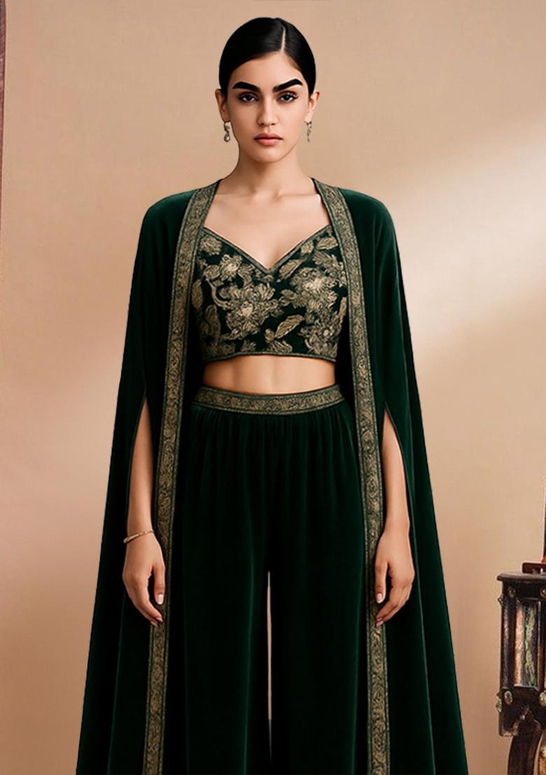 Green Georgette Sequin Embroidered Blouse Fusion Set - Indya