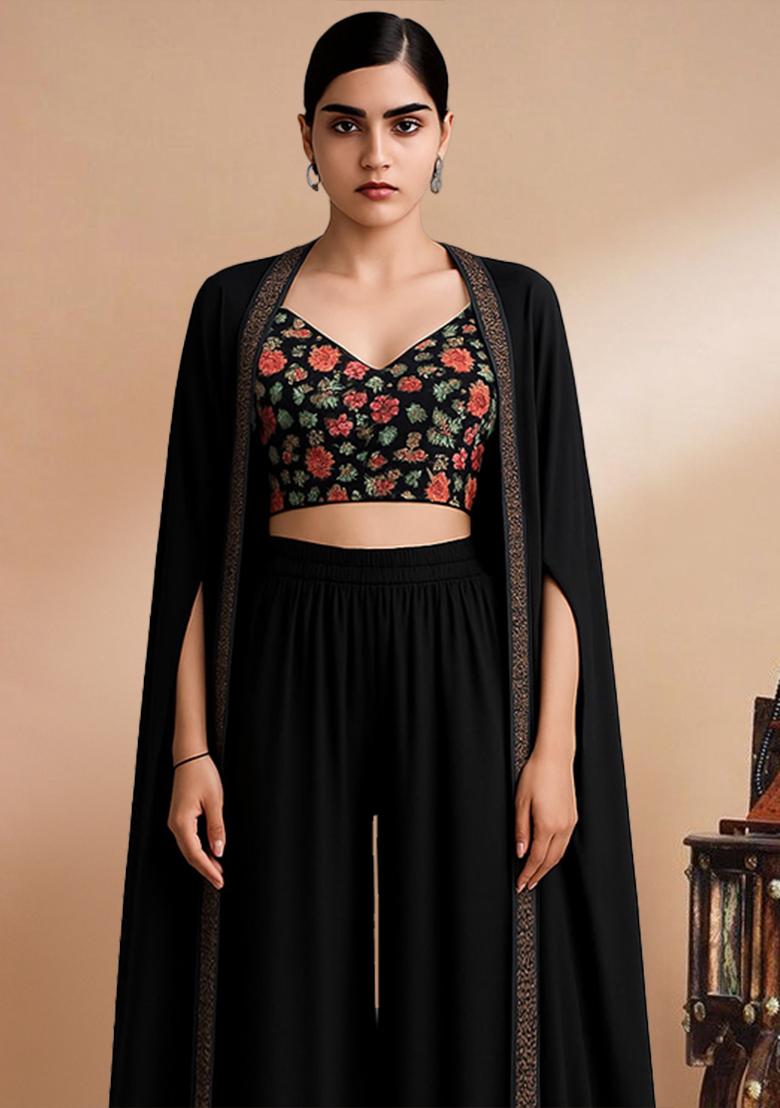 Black Georgette Embroidered Blouse Fusion Set - Indya