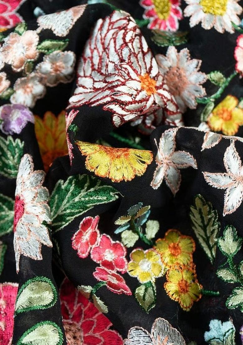 Black Georgette Embroidered Blouse Fusion Set - Indya