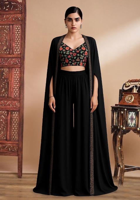 Black Georgette Embroidered Blouse Fusion Set