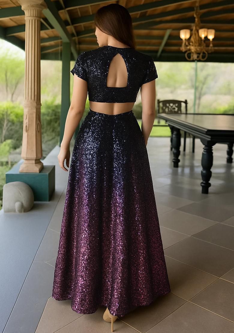 Purple Net Sequin Fusion Set - Indya