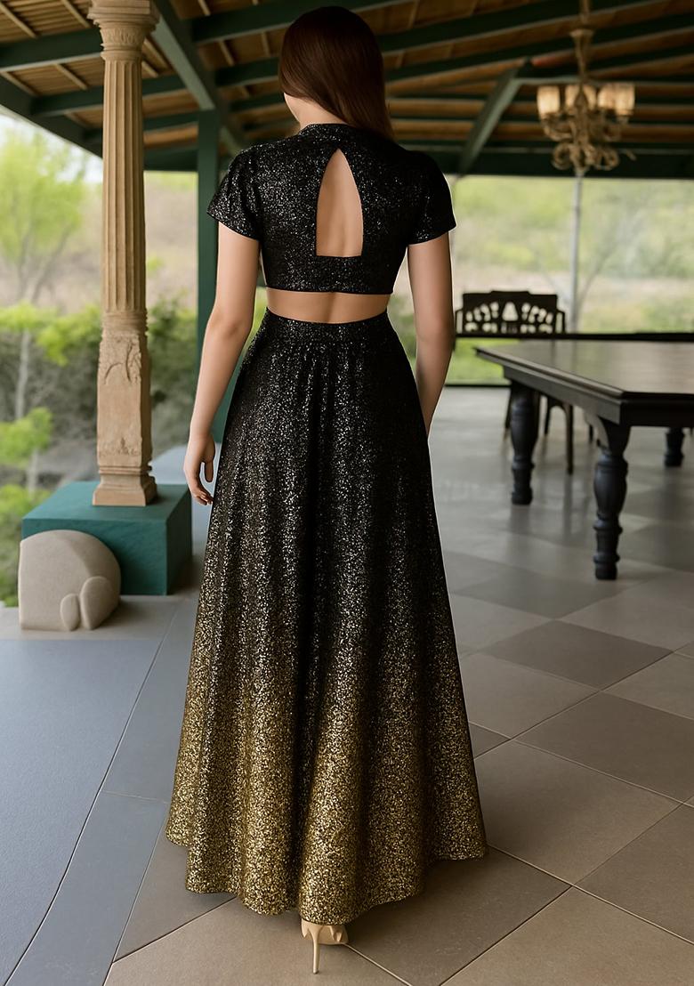 Black Net Sequin Fusion Set - Indya