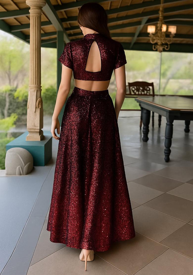 Red Net Sequin Fusion Set - Indya