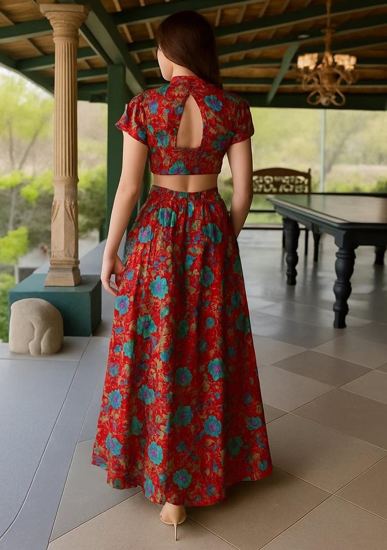 Red Chiffon Floral Printed Fusion Set - Indya