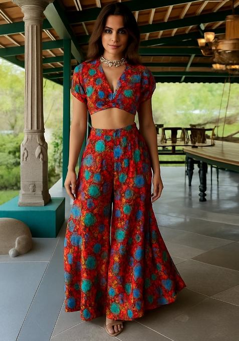 Red Chiffon Floral Printed Fusion Set
