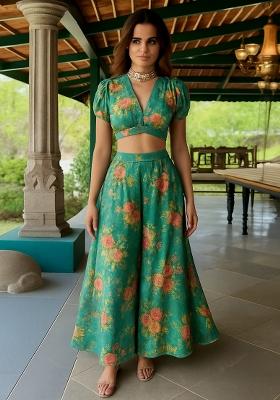 Teal Green Chinon Printed Embroidered Fusion Set
