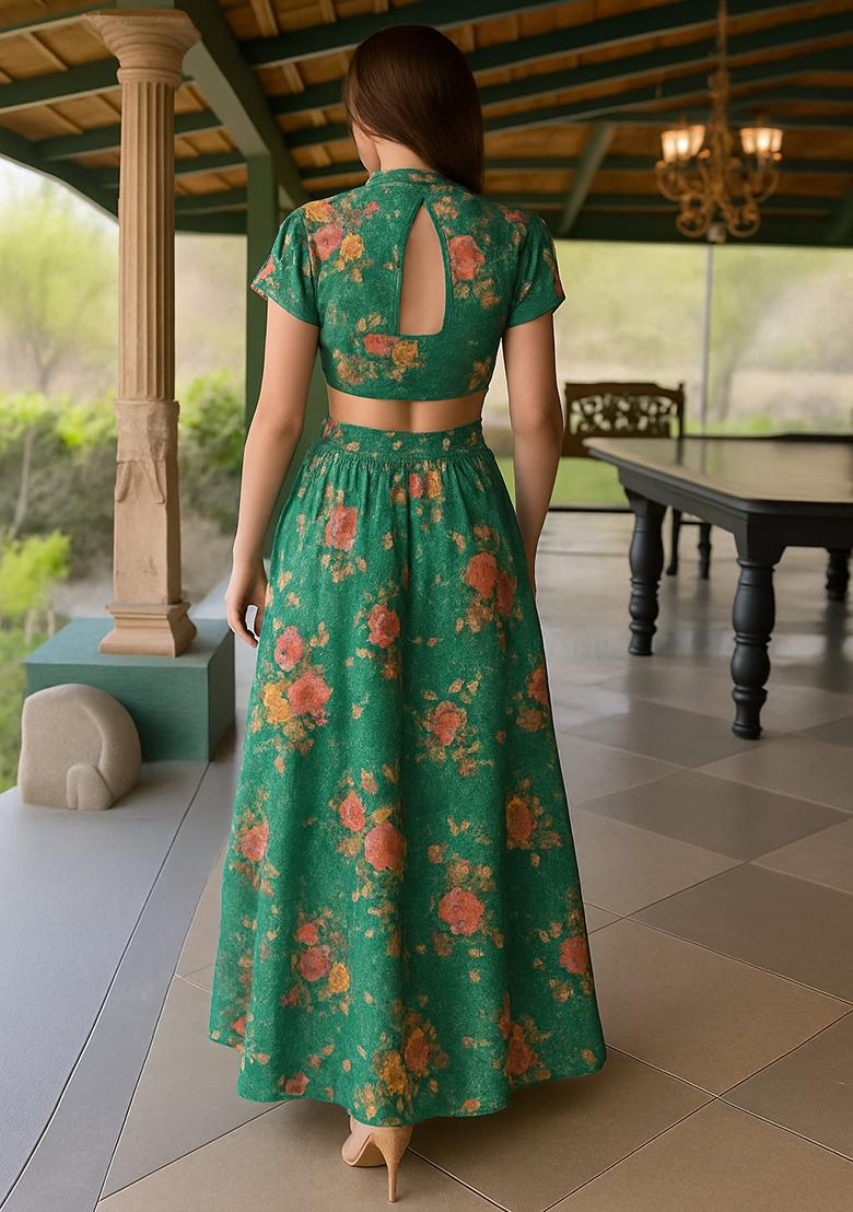 Teal Green Chinon Printed Embroidered Fusion Set - Indya