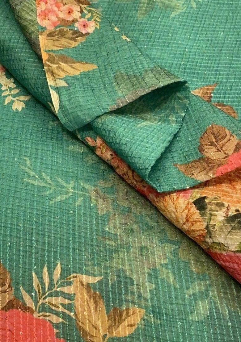 Teal Green Chinon Printed Embroidered Fusion Set - Indya