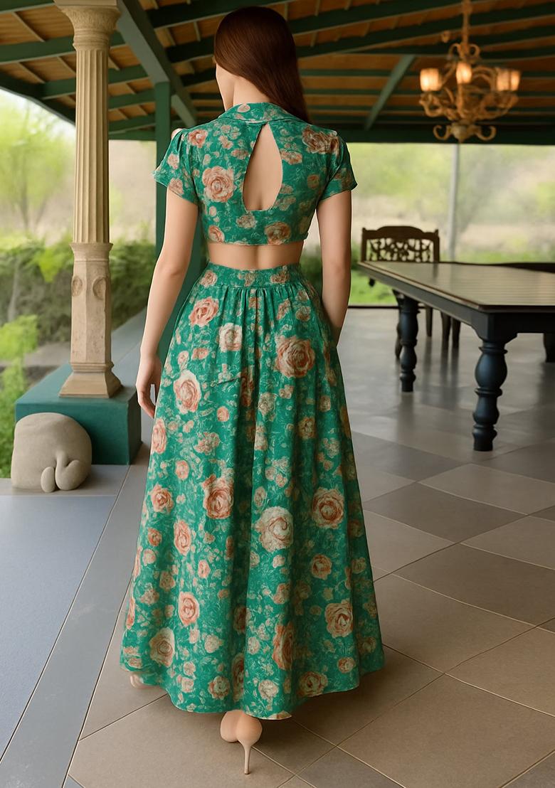 Sea Green Chinon Printed Embroidered Fusion Set - Indya