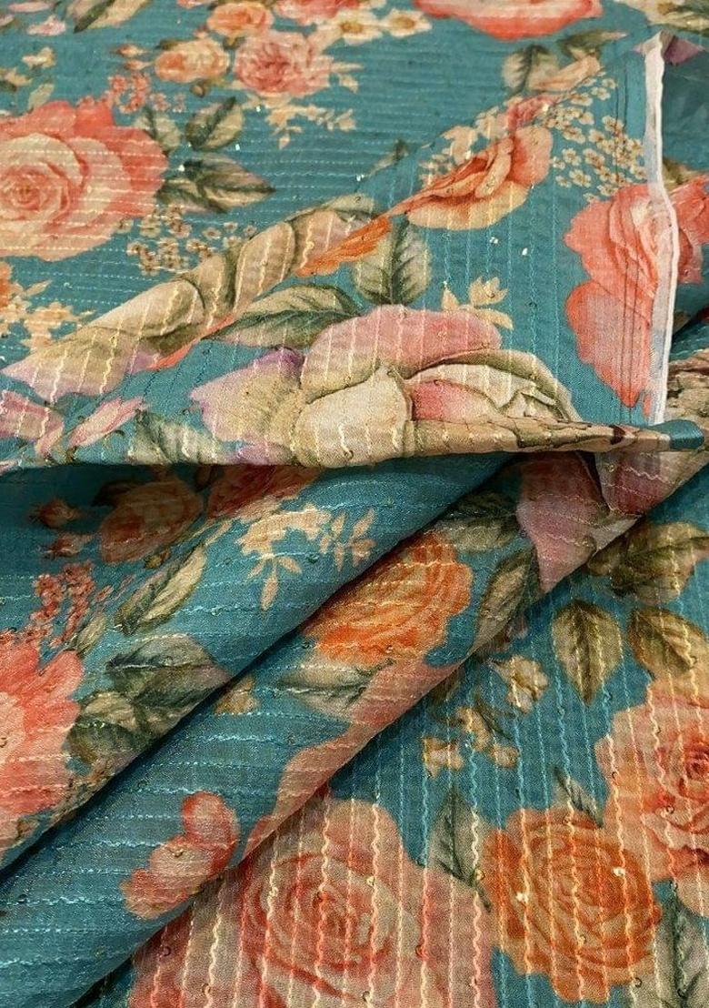 Sea Green Chinon Printed Embroidered Fusion Set - Indya