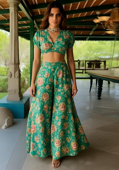 Sea Green Chinon Printed Embroidered Fusion Set