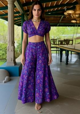 Purple Chinon Floral Printed Fusion Set