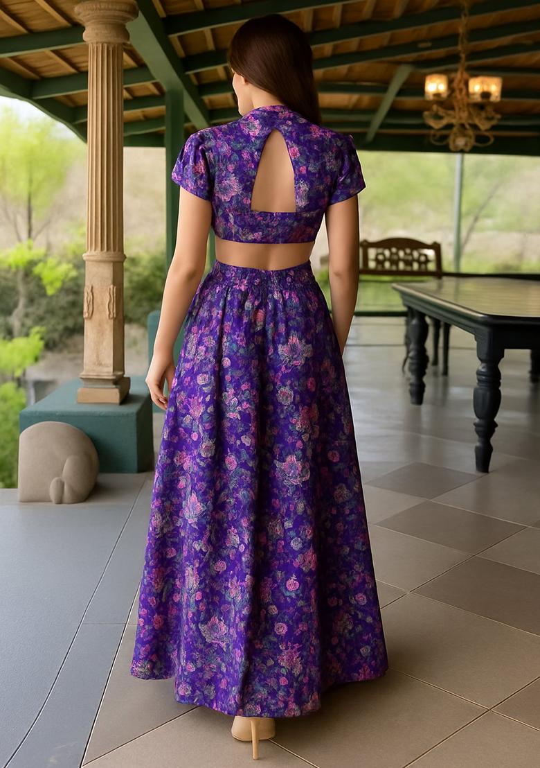 Purple Chinon Floral Printed Fusion Set - Indya