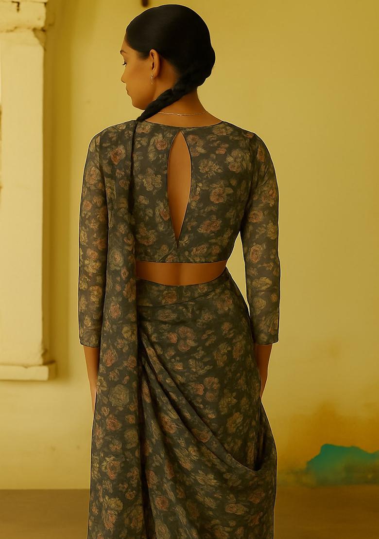 Black Chiffon Floral Printed Fusion Set - Indya