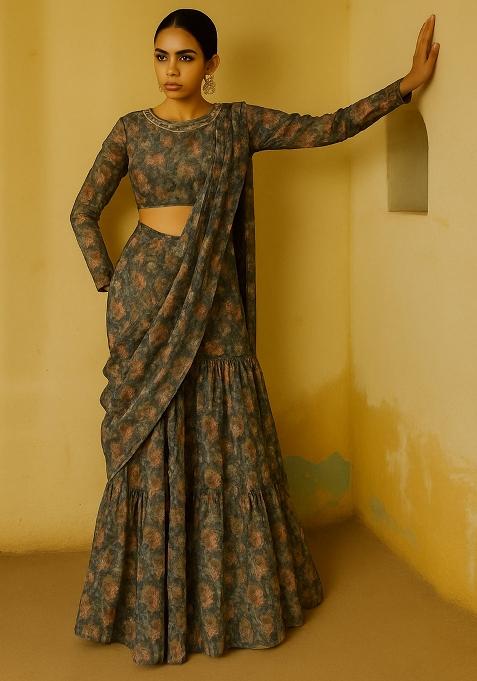 Black Chiffon Floral Printed Fusion Set