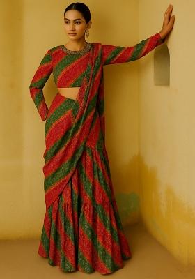 Pink And Green Chiffon Bandhani Printed Fusion Set